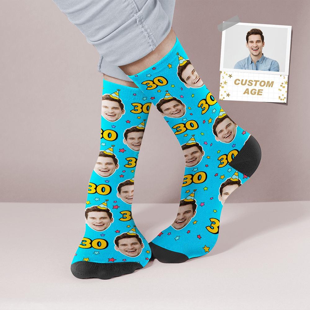 Custom Face and Age Socks Personalized Blue Birthday Socks Birthday gi