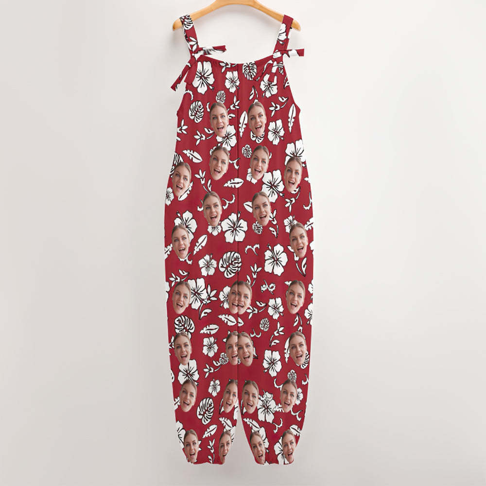 Custom Face Jumpsuit With Suspender Hawaiian Style Flowers And Leaves Red Rompers - My Photo Socks AU