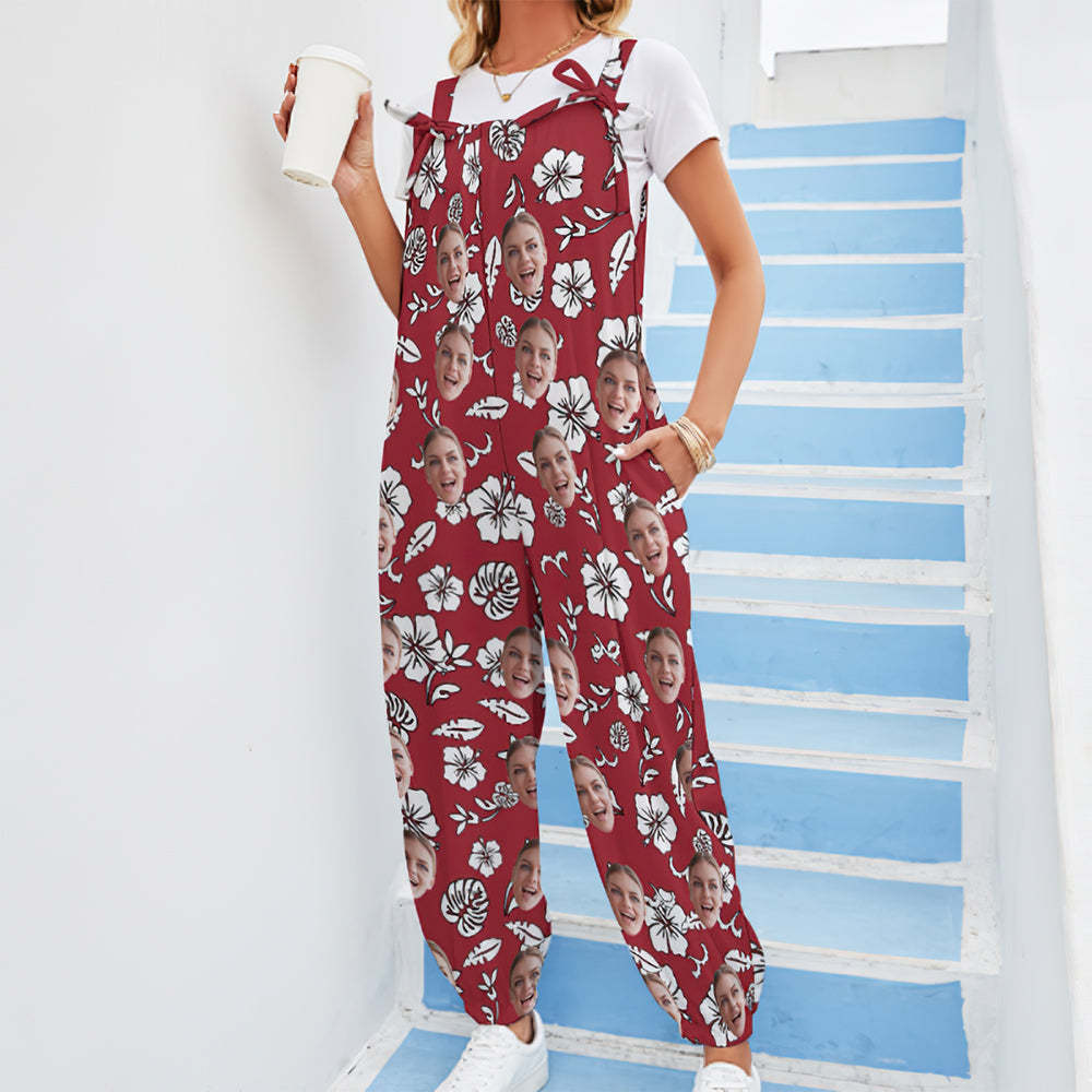 Custom Face Jumpsuit With Suspender Hawaiian Style Flowers And Leaves Red Rompers - My Photo Socks AU