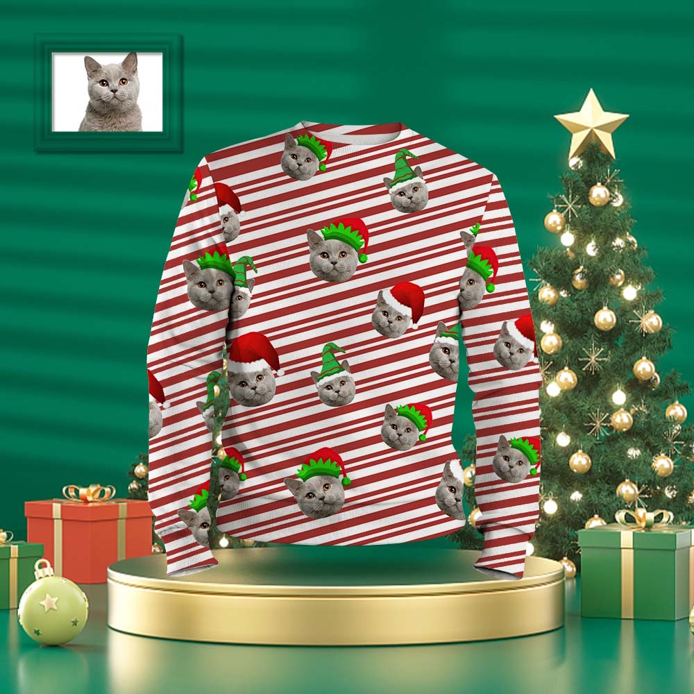 Custom Face Unisex Christmas Sweatshirt Casual Santa Elf Hats Stripe Crewneck Shirt - My Photo Socks AU