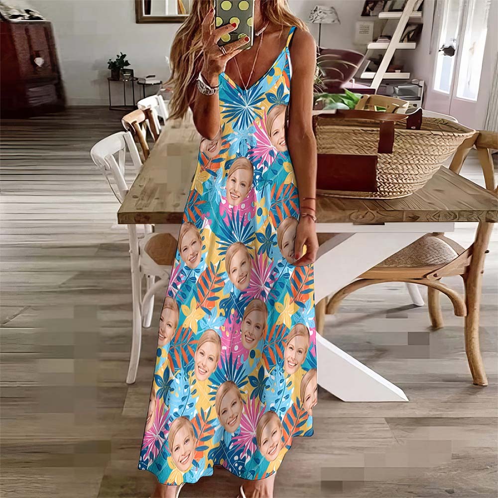 Custom Face Hawaiian Style Long Dress Colorful Flowers Sling Dress - My Photo Socks AU