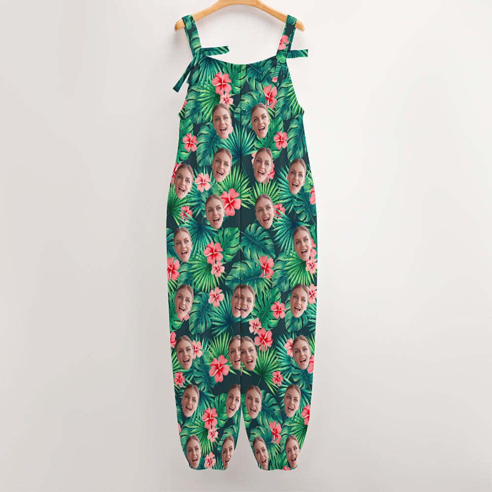 Custom Face Jumpsuit With Suspender Hawaiian Style Leaves & Flowers Rompers - My Photo Socks AU