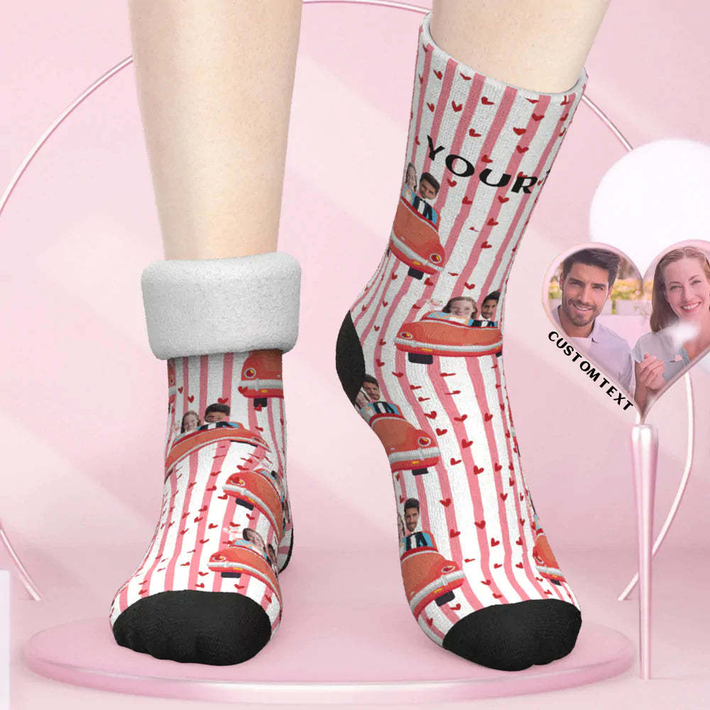 Custom Thick Socks Photo Autumn Winter Warm Socks Bride & Groom in Red Car - Couple Face Socks Valentine's Day Gift - My Photo Socks AU