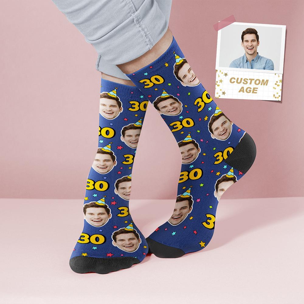 Custom Face and Age Socks Personalized Blue Birthday Socks Birthday gift