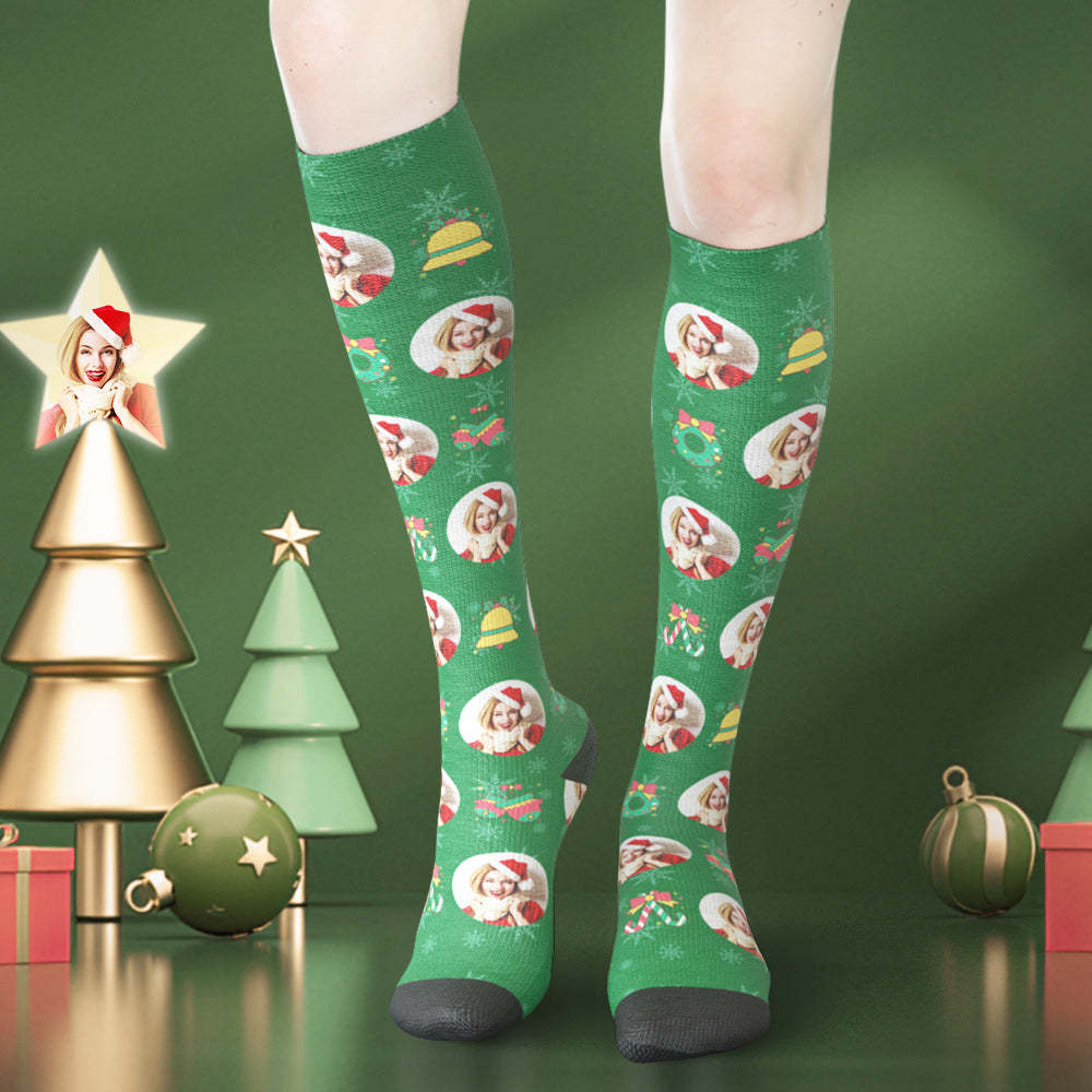 Custom Face Knee High Socks Christmas Bells Personalized Photo Gifts - My Photo Socks AU