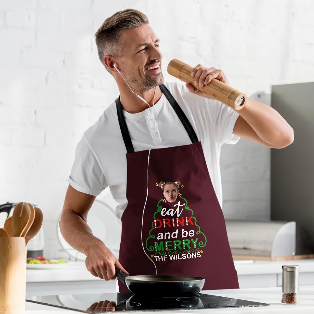 Custom Face Christmas Kitchen Apron Eat Drink And Be Merry Apron Holiday Gift