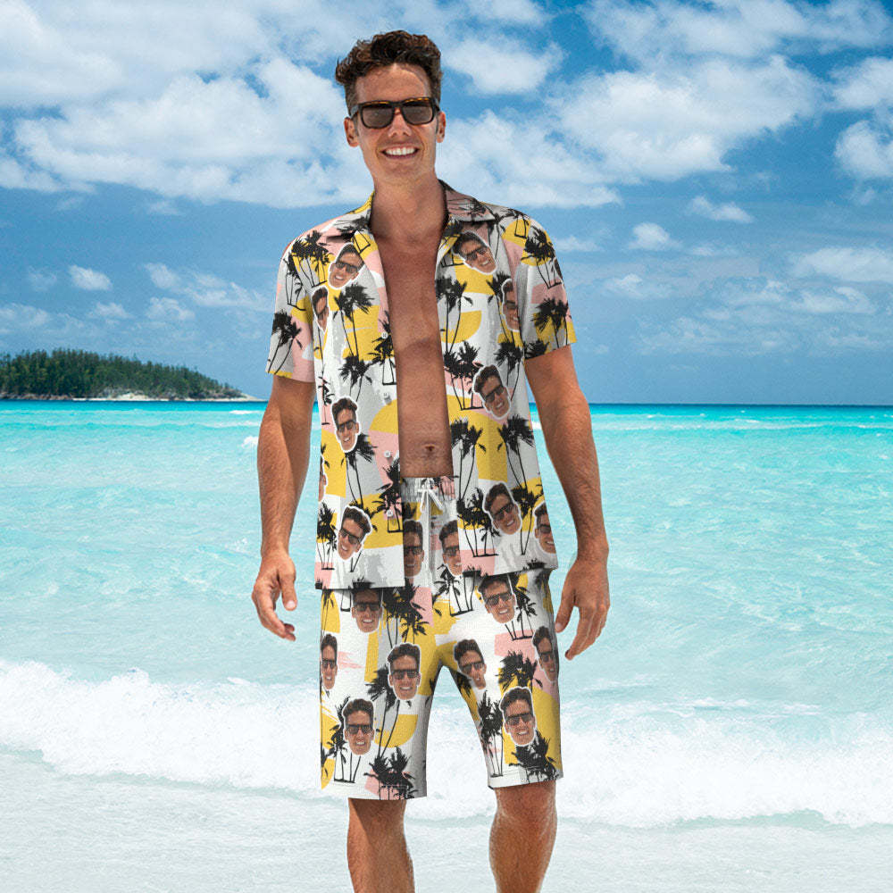 Custom Face Hawaiian Shirt or Beach Shorts Matching Outfits Personalised Men's Photo Random Palm Tree Print Hawaiian Attire Vacation Party Gift - My Photo Socks AU