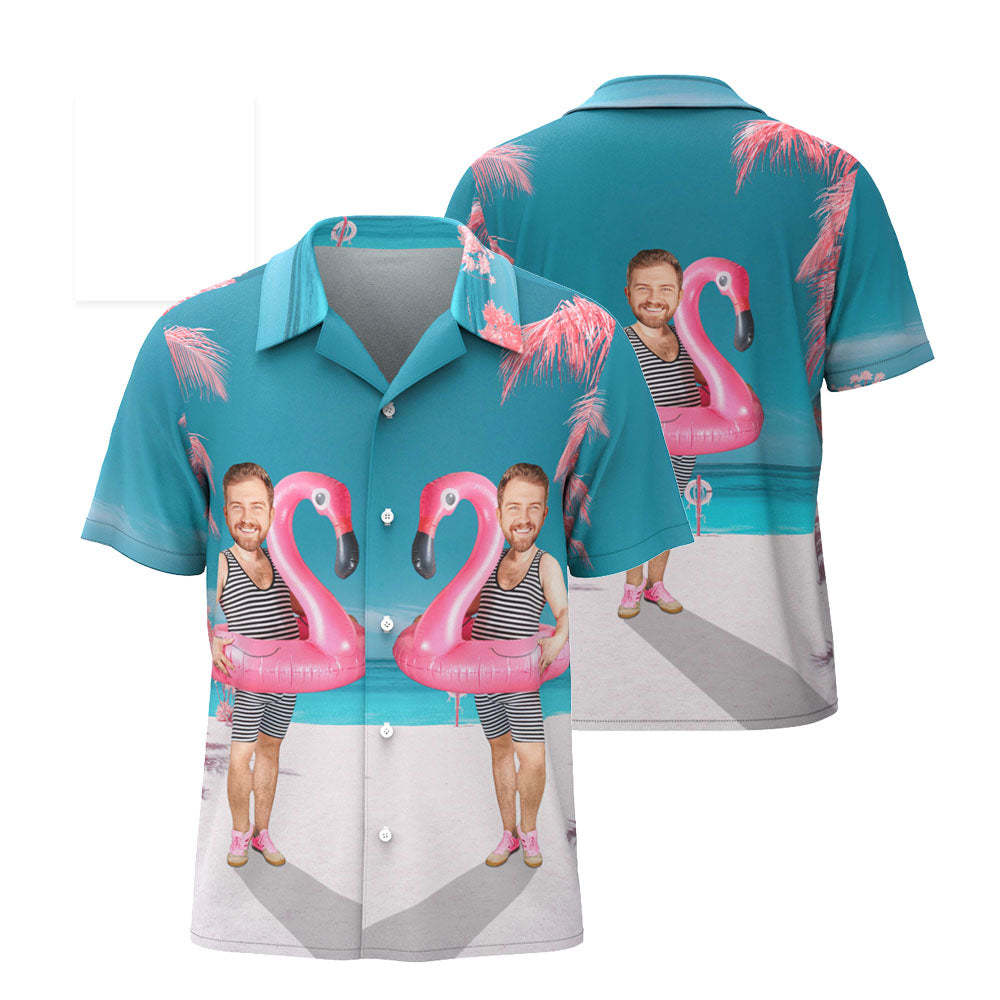Custom Funny Face Flamingo Hawaiian Shirt Flamingo Swim Ring Hawaiian Shirt For Men - MyPhotoSocksAu