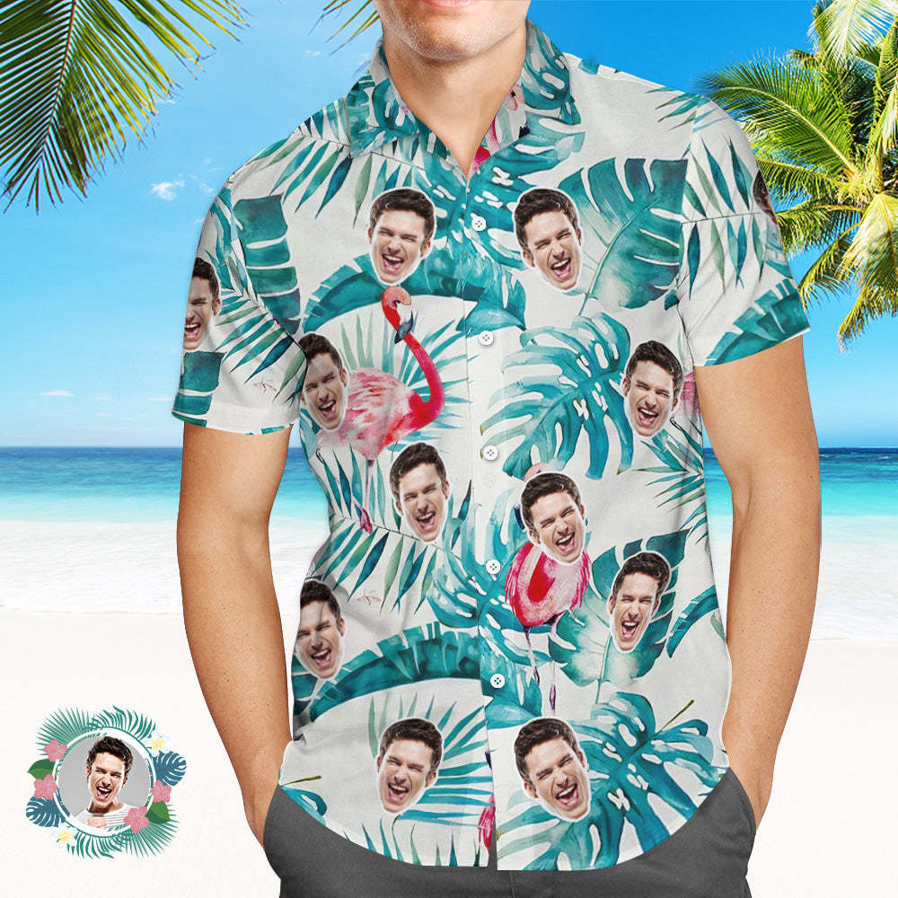 Custom Face Hawaiian Shirt Summer Flamingo Green Leaves Face Hawaiian Shirt - MyPhotoSocksAu