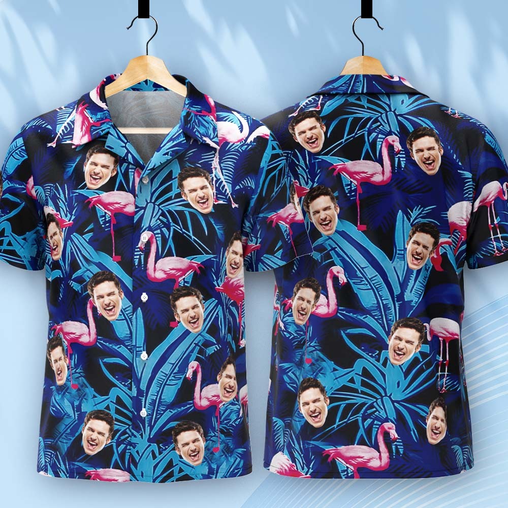 Custom Face Hawaiian Shirt Blue Leaf Flamingo Photo Hawaiian Shirt - MyPhotoSocksAu