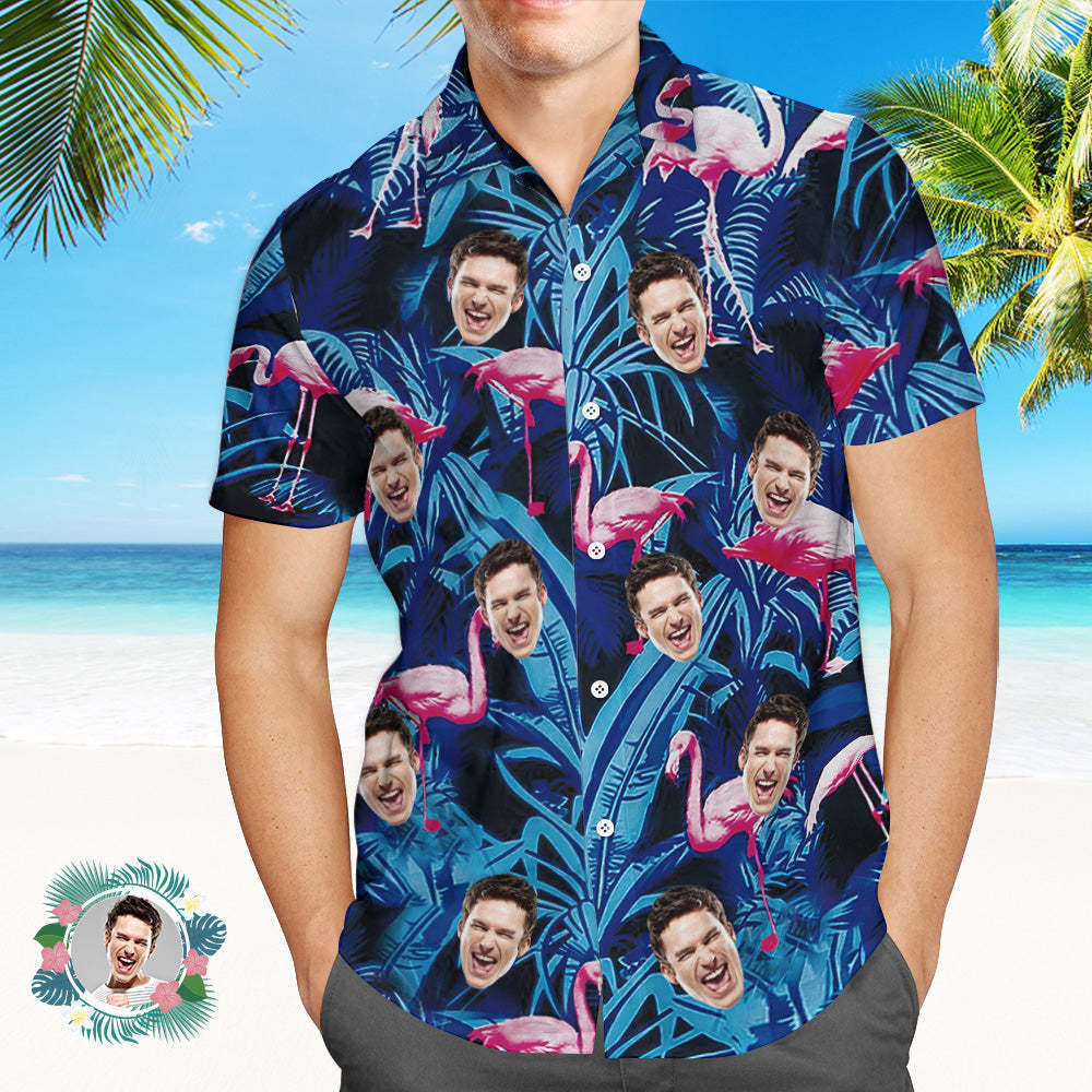 Custom Face Hawaiian Shirt Blue Leaf Flamingo Photo Hawaiian Shirt - MyPhotoSocksAu