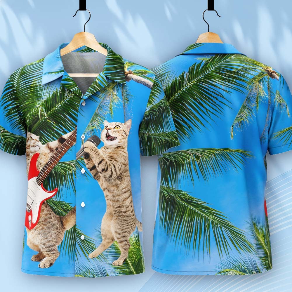 Custom Photo Hawaiian Shirt Tropical Coconut Tree Beach Hawaiian Shirt Men Cat Band Guitar - MyPhotoSocksAu