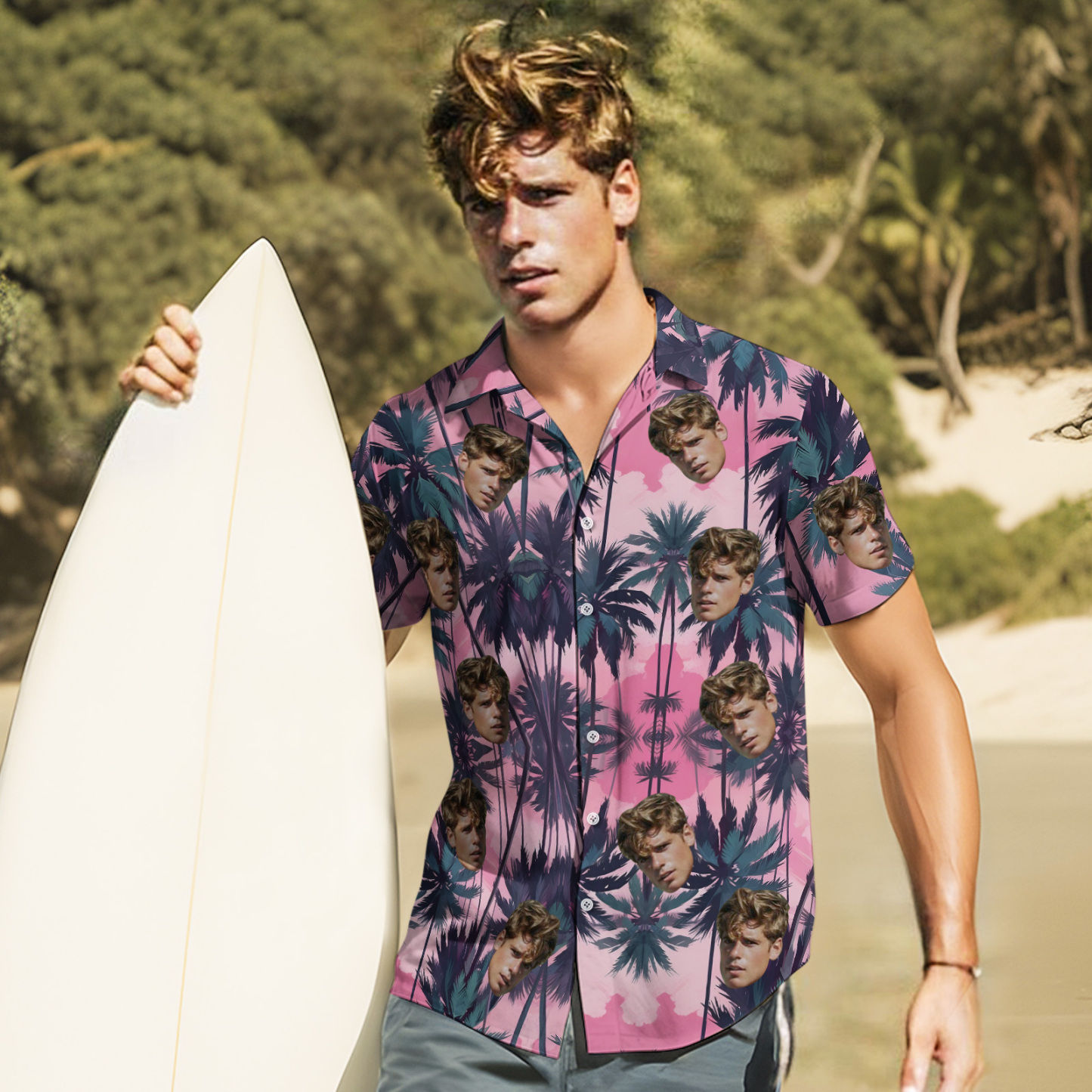 Custom Funny Face Leaves Hawaiian Shirt Flamingo Hawaiian Shirt For Dad - MyPhotoSocksAu