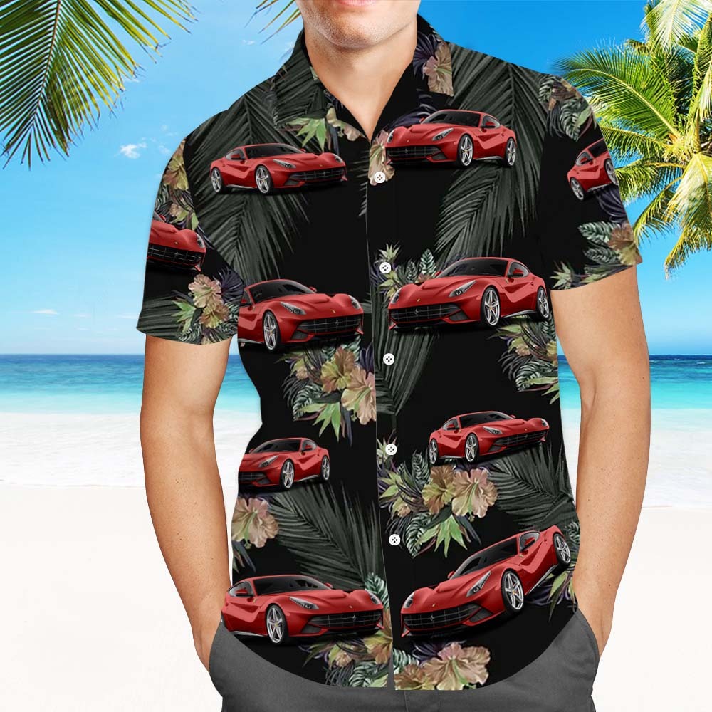 Custom Face Hawaiian Shirt Summer Black Leaves Car Lover Face Hawaiian Shirt - MyPhotoSocksAu