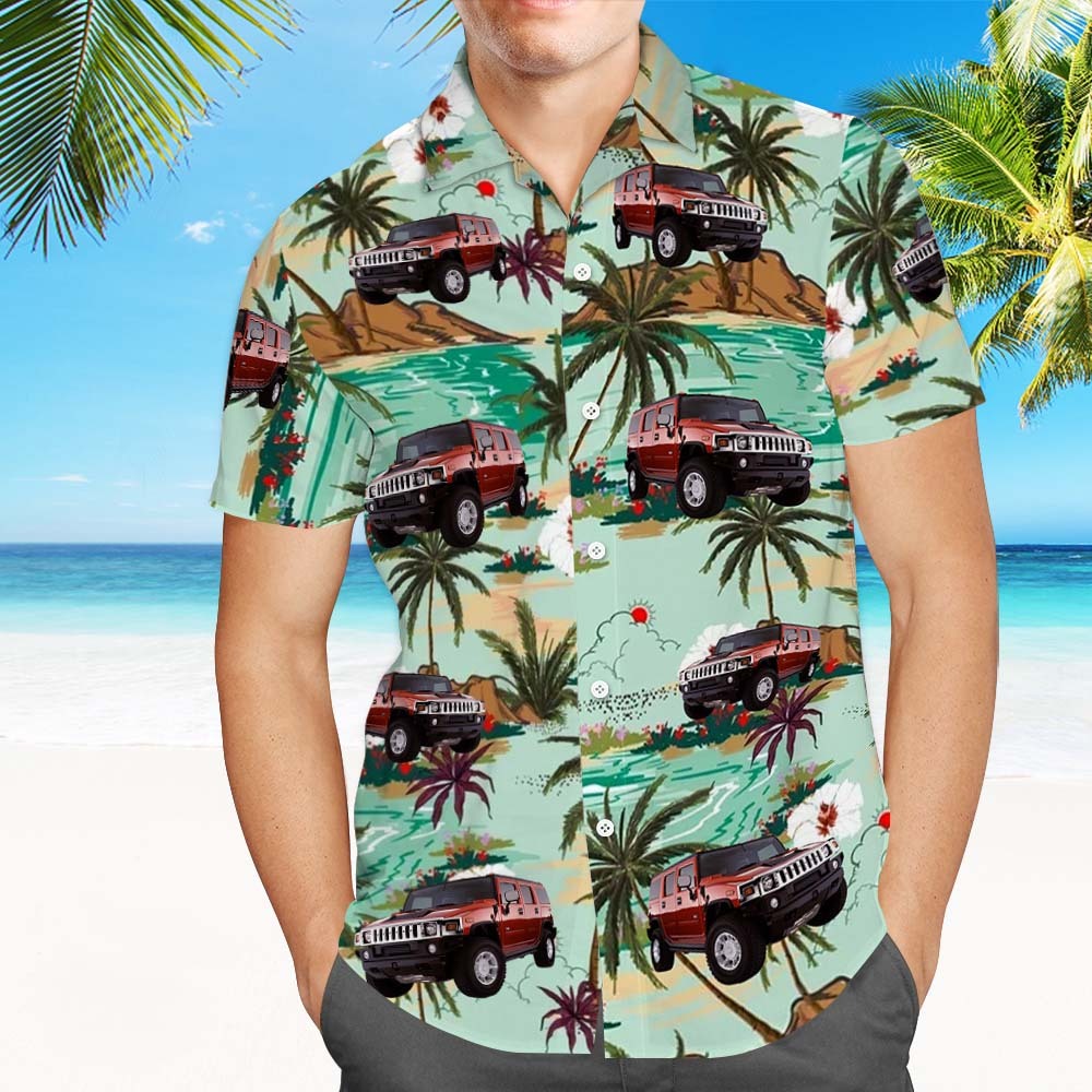 Custom Face Hawaiian Shirt Summer Green Leaves Car Lover Face Hawaiian Shirt - MyPhotoSocksAu