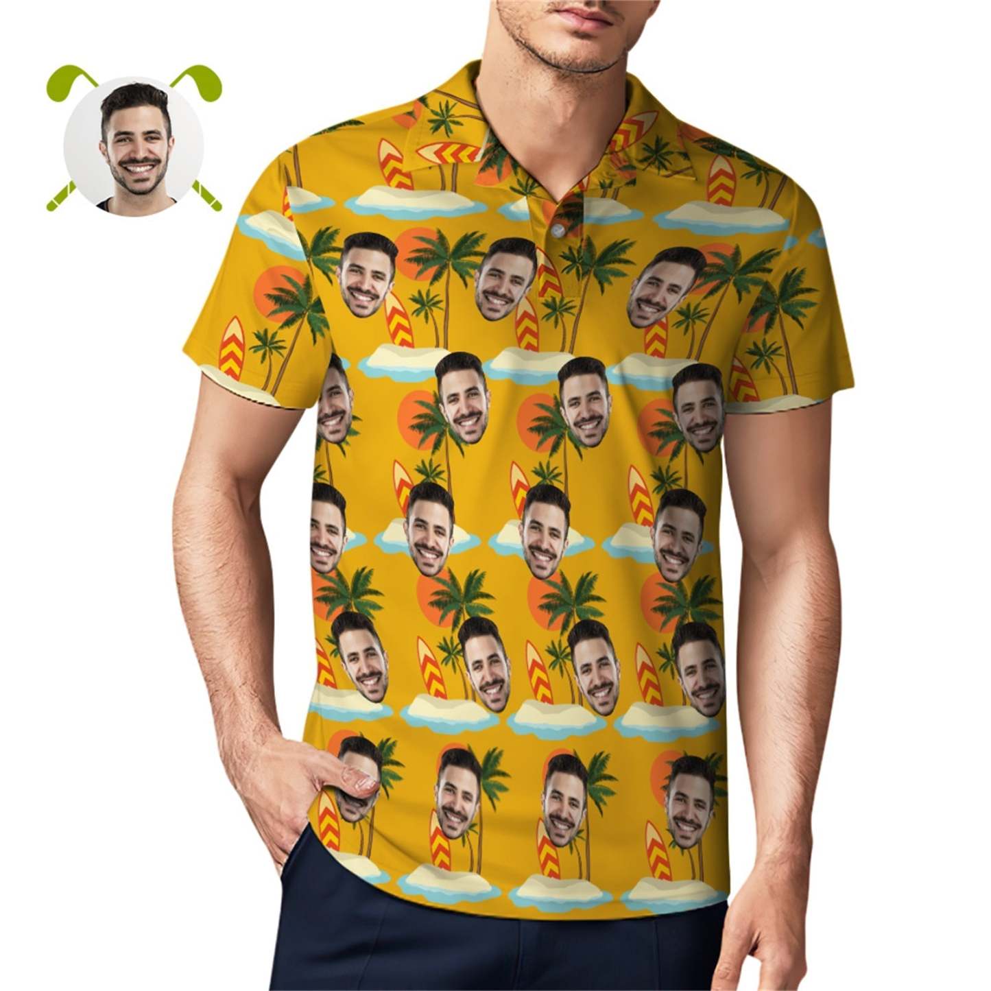 Custom Face Polo Shirt For Men Coconut Tree Beach Shirt Hawaiian Golf Shirts - MyPhotoSocksAu