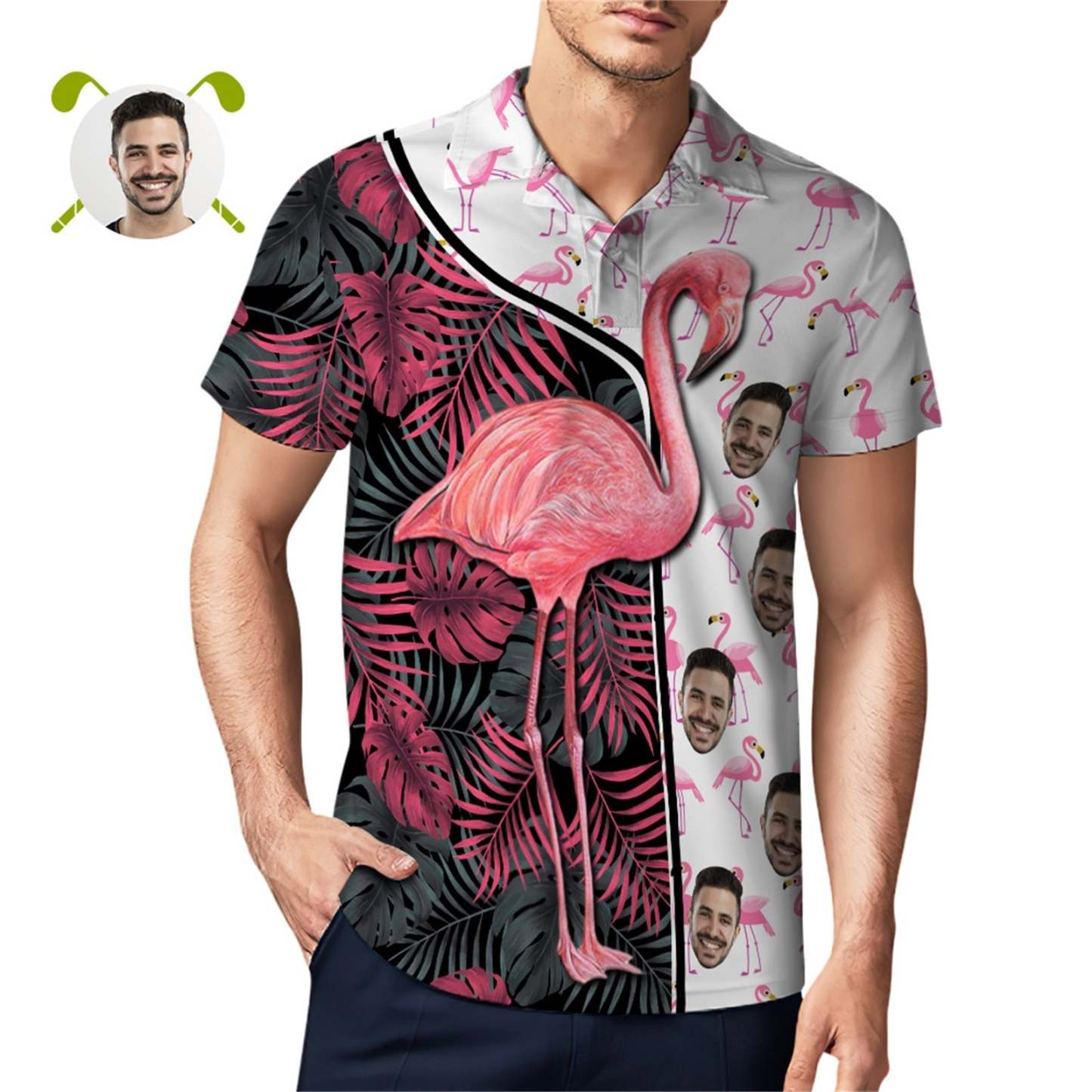 Custom Face Polo Shirt For Men Funny Flamingo Hawaiian Golf Shirts - MyPhotoSocksAu