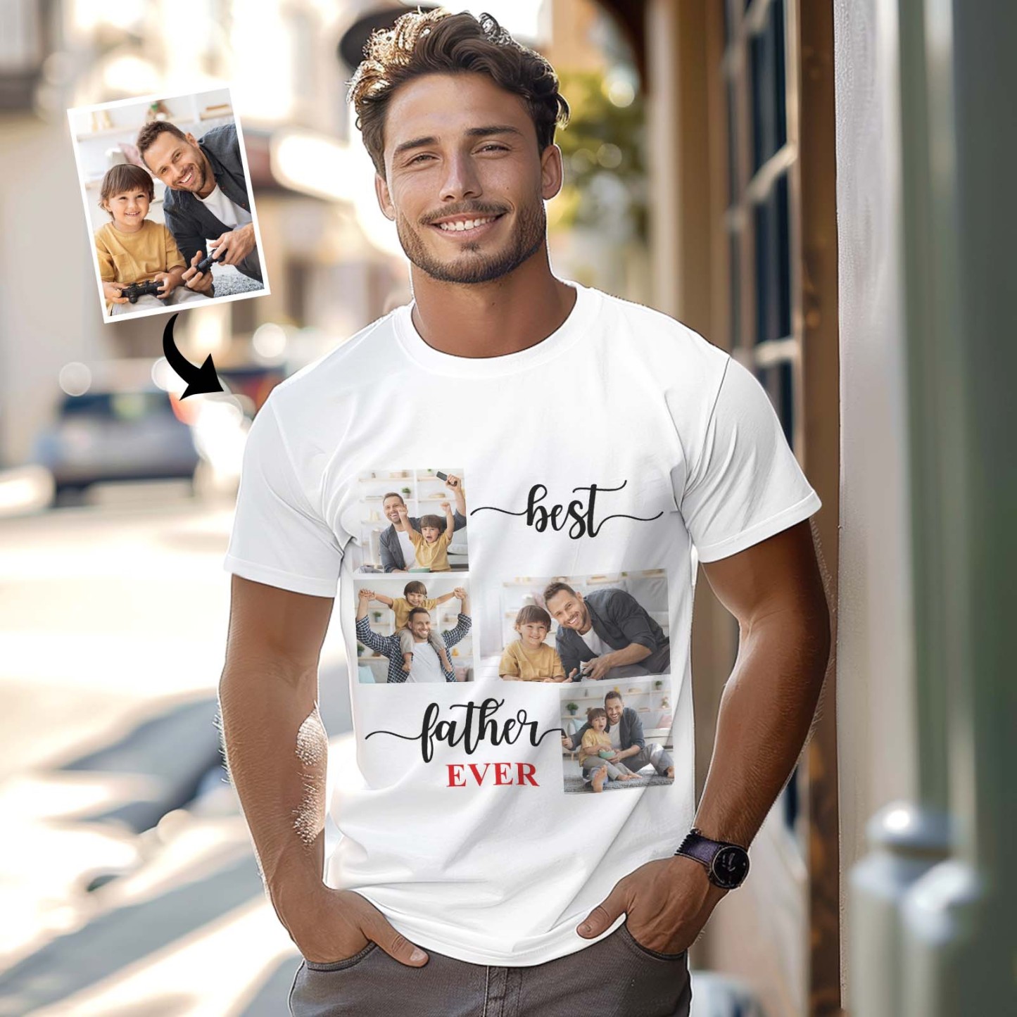 Custom 4 Photos T-Shirt Personalized Photo T-Shirt Best Father Ever Father's Day Gift Family T-Shirt - MyPhotoSocksAu