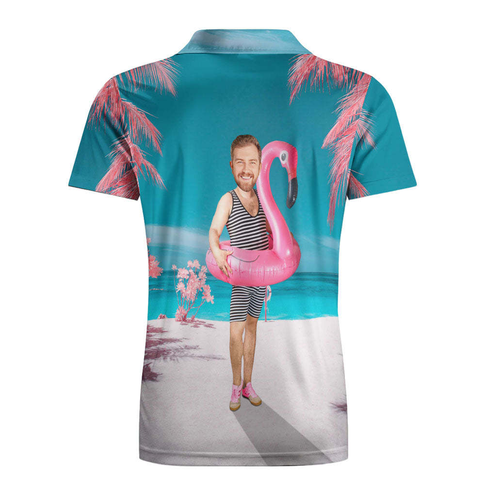 Custom Funny Face Flamingo Polo Shirt Flamingo Swim Ring Polo Shirt For Men - MyPhotoSocksAu