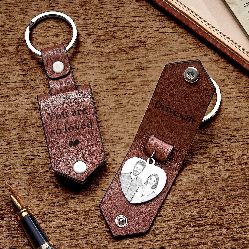 Custom Heart Shaped Photo Leather Keychain With Text Annivesary Gifts For Men - My Photo Socks AU