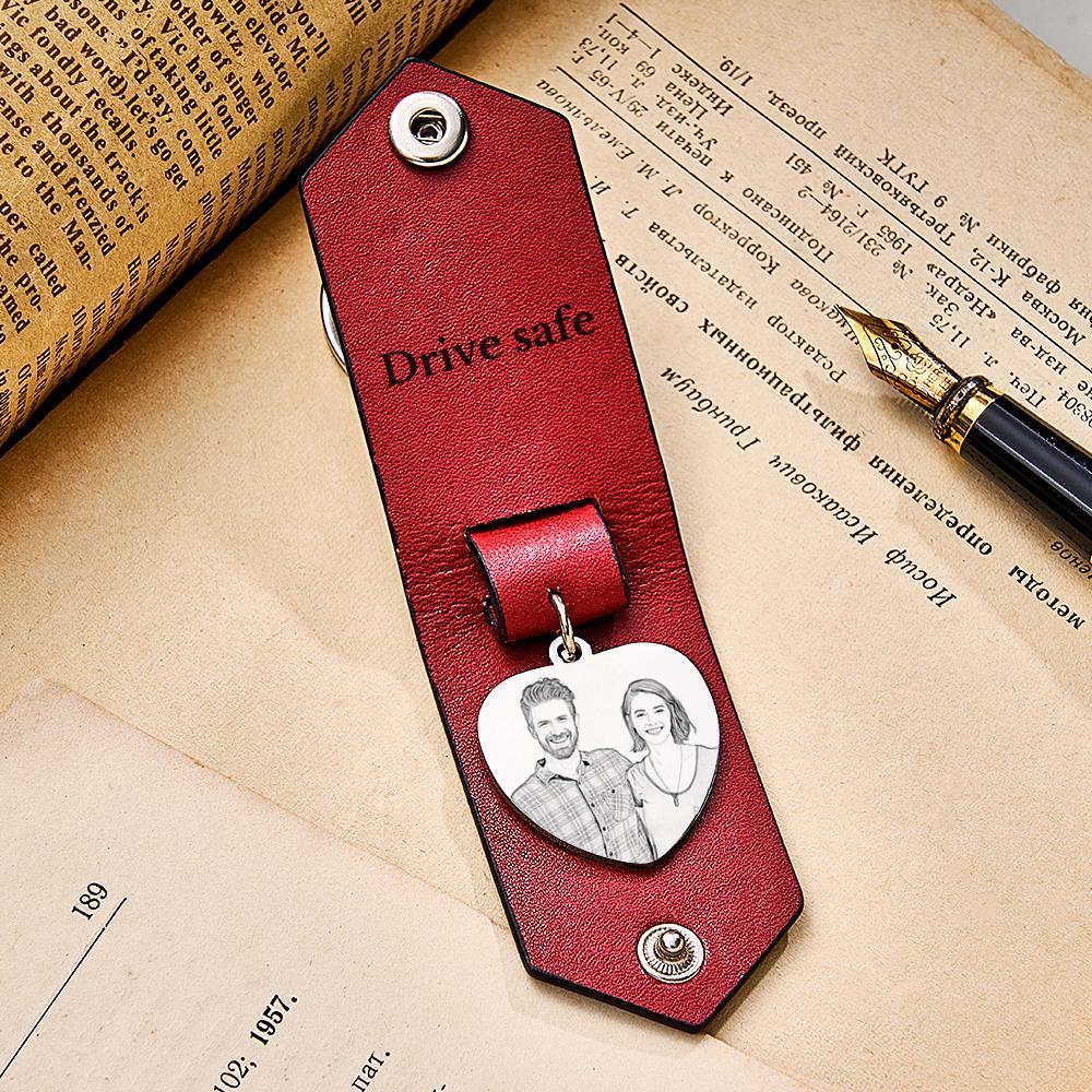 Custom Heart Shaped Photo Leather Keychain With Text Annivesary Gifts For Men - My Photo Socks AU