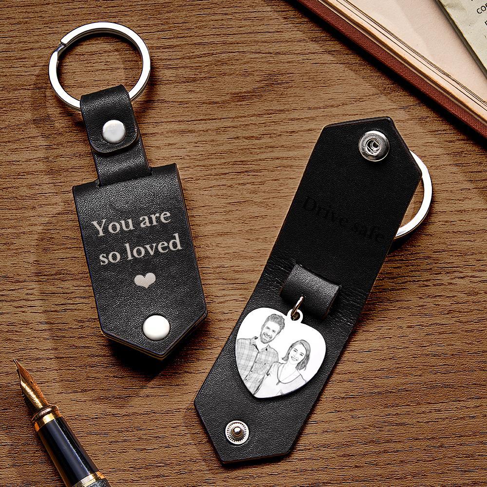 Custom Heart Shaped Photo Leather Keychain With Text Annivesary Gifts For Men - My Photo Socks AU