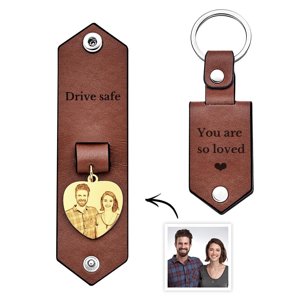 Custom Heart Shaped Photo Leather Keychain With Text Annivesary Gifts For Men - My Photo Socks AU