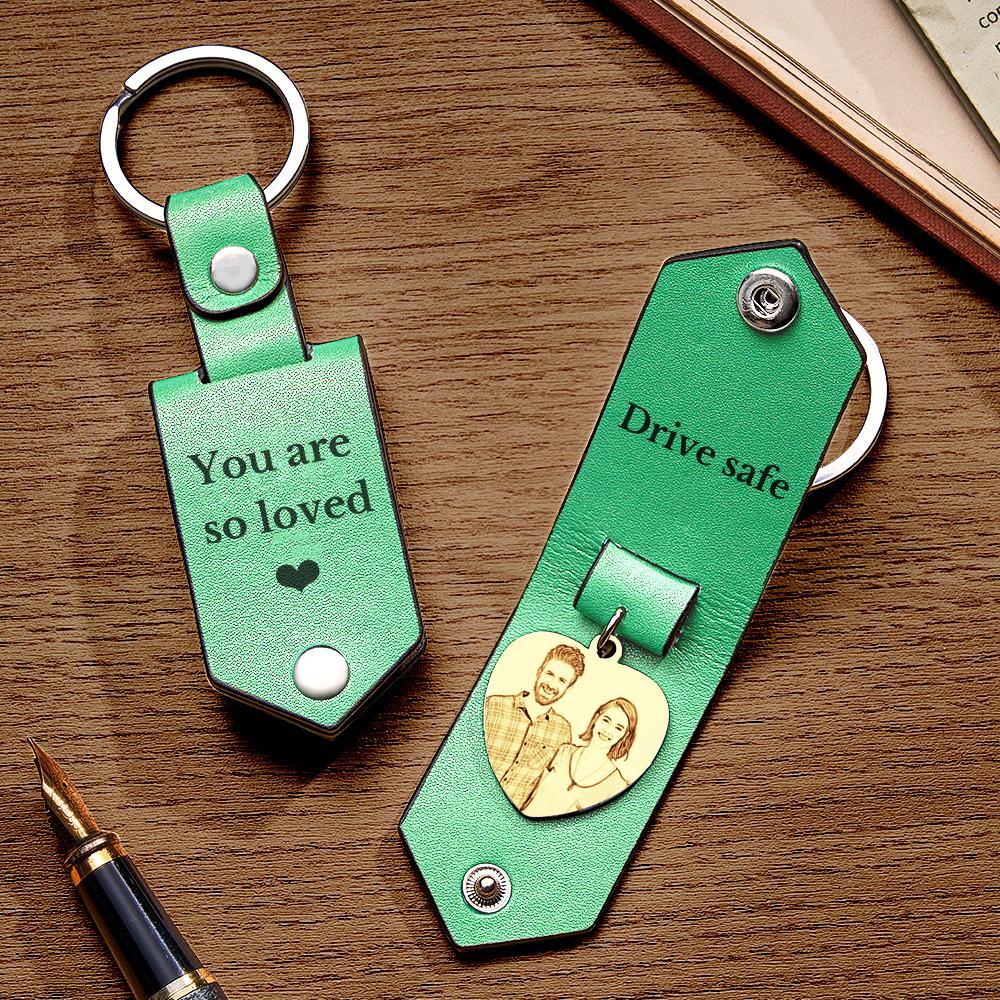 Custom Heart Shaped Photo Leather Keychain With Text Annivesary Gifts For Men - My Photo Socks AU