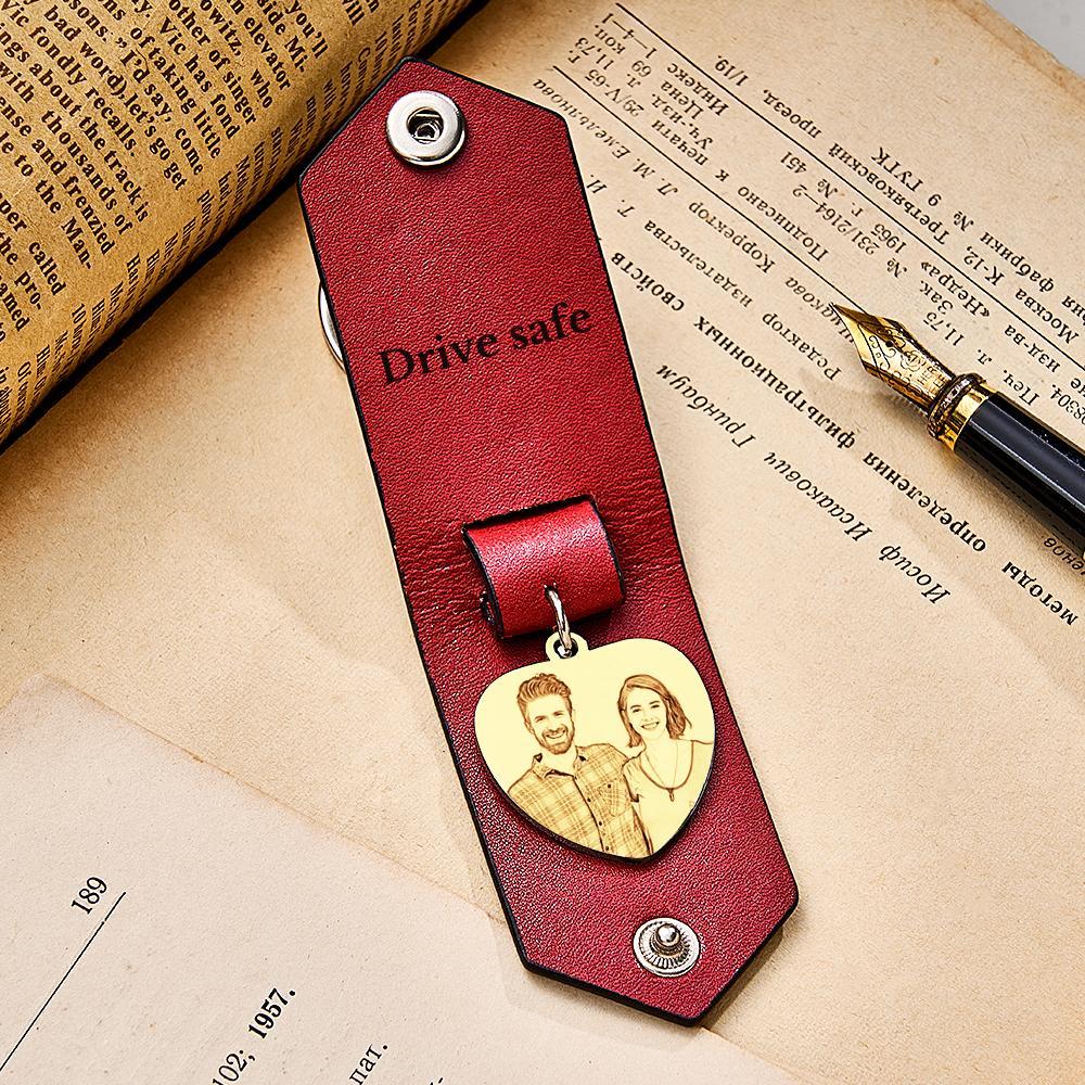 Custom Heart Shaped Photo Leather Keychain With Text Annivesary Gifts For Men - My Photo Socks AU