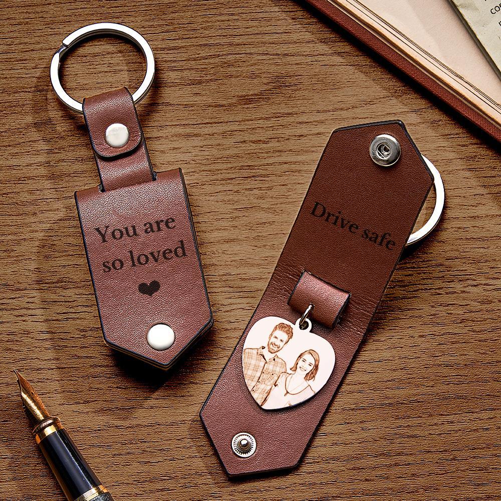 Custom Heart Shaped Photo Leather Keychain With Text Annivesary Gifts For Men - My Photo Socks AU