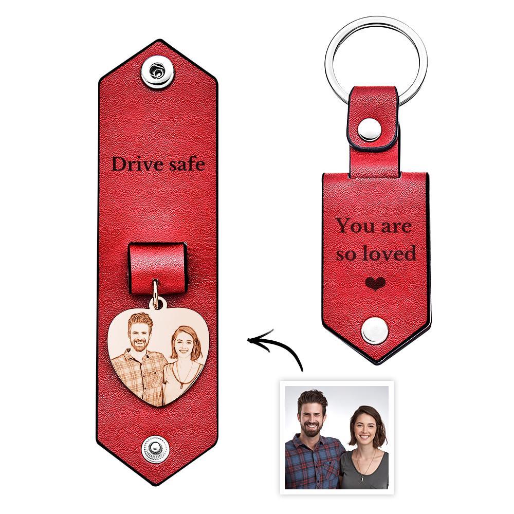 Custom Heart Shaped Photo Leather Keychain With Text Annivesary Gifts For Men - My Photo Socks AU