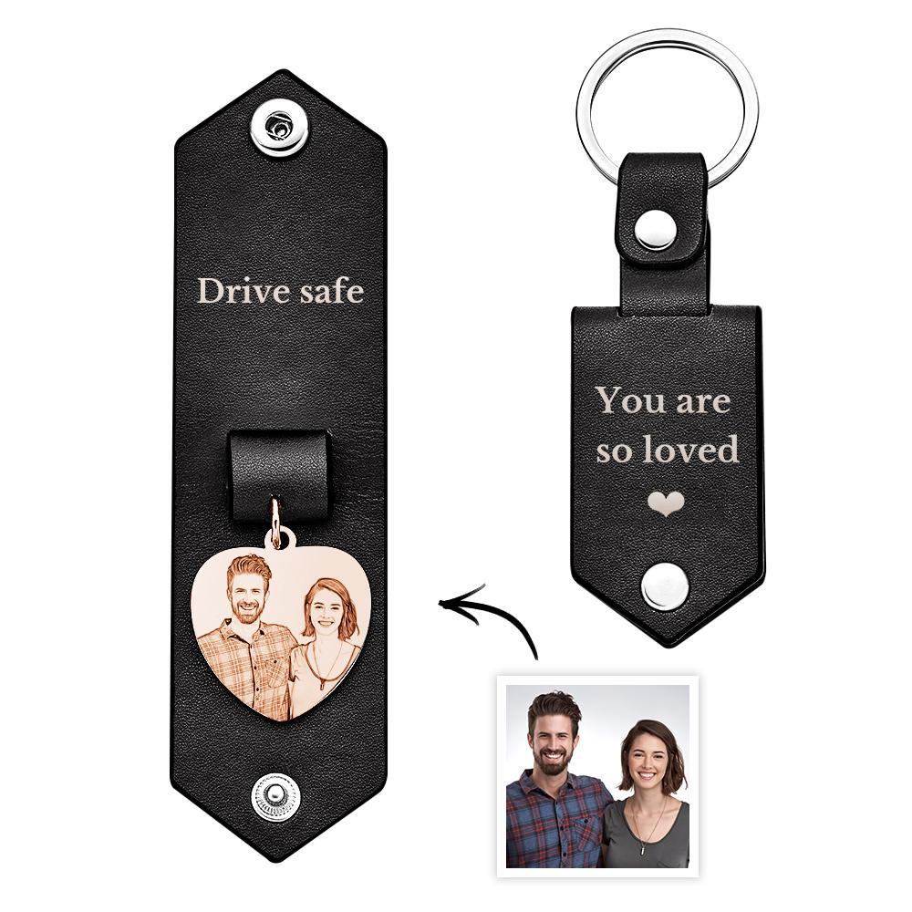 Custom Heart Shaped Photo Leather Keychain With Text Annivesary Gifts For Men - My Photo Socks AU