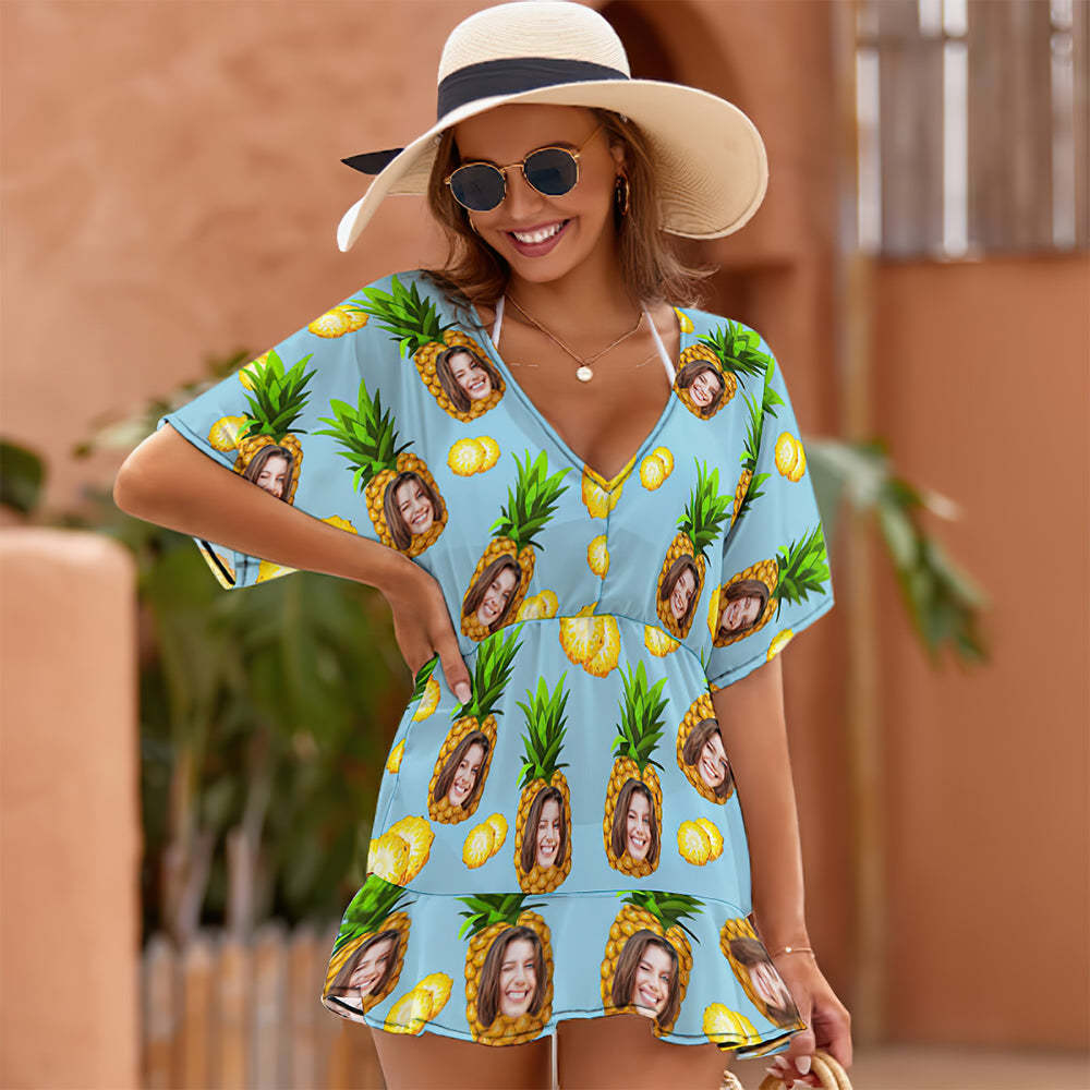 Custom Face Beach Wrap Hawaiian Style Blue Funny Pineapple Cover Ups - My Photo Socks AU