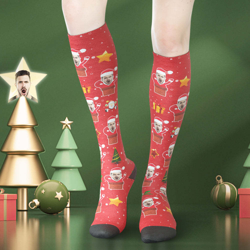 Custom Face Knee High Socks - Santa Stuck In Chimney - My Photo Socks AU