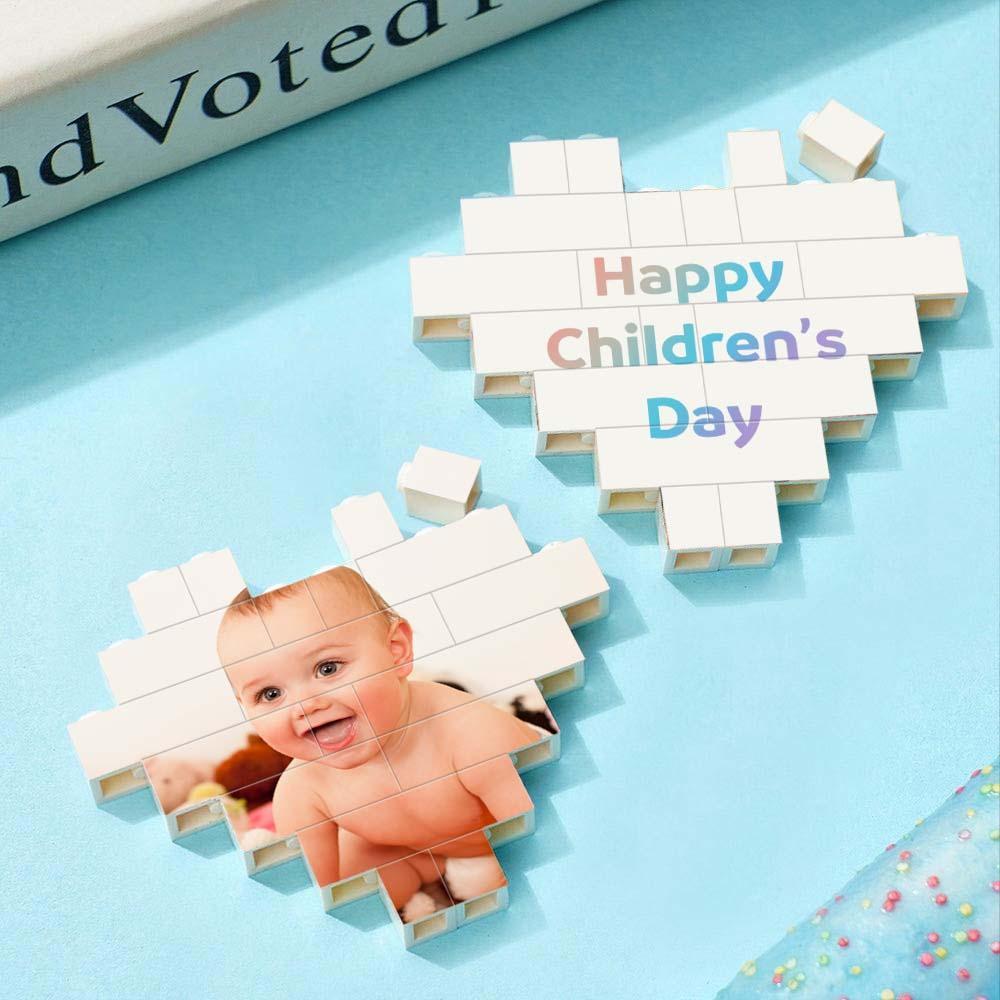 Custom Building Block Puzzle Engraving Personalized Heart Shaped Photo Brick Gift For Children's Day - SantaSocks