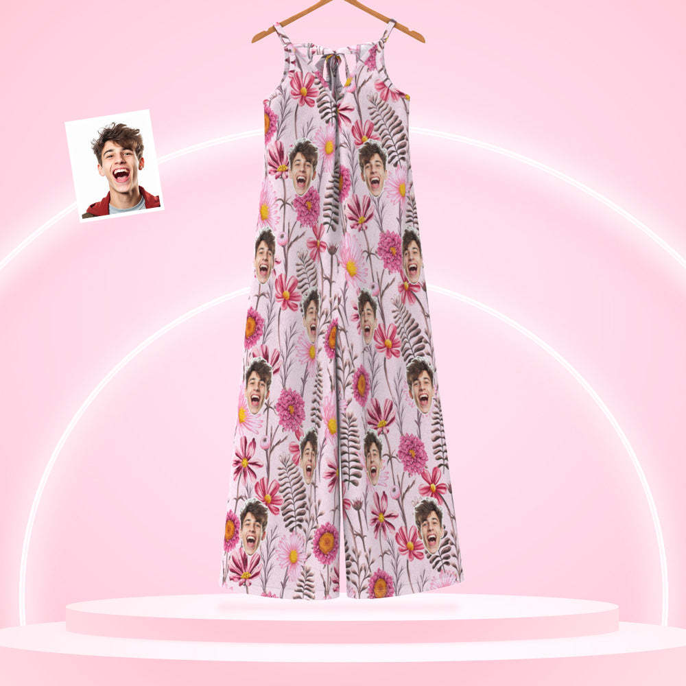 Custom Face Loose Jumpsuit With Wide Leg Pink Flowers Rompers - My Photo Socks AU