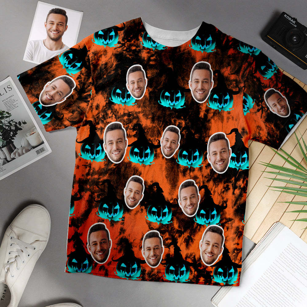 Custom Face Men Halloween Pumpkin Tie-dye T-shirt - My Photo Socks AU
