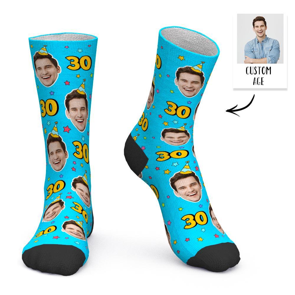 Custom Face and Age Socks Personalized Blue Birthday Socks Birthday gift