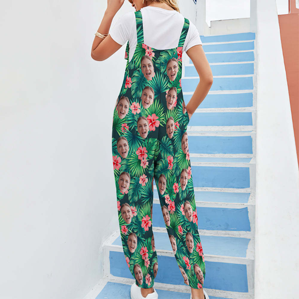 Custom Face Jumpsuit With Suspender Hawaiian Style Leaves & Flowers Rompers - My Photo Socks AU