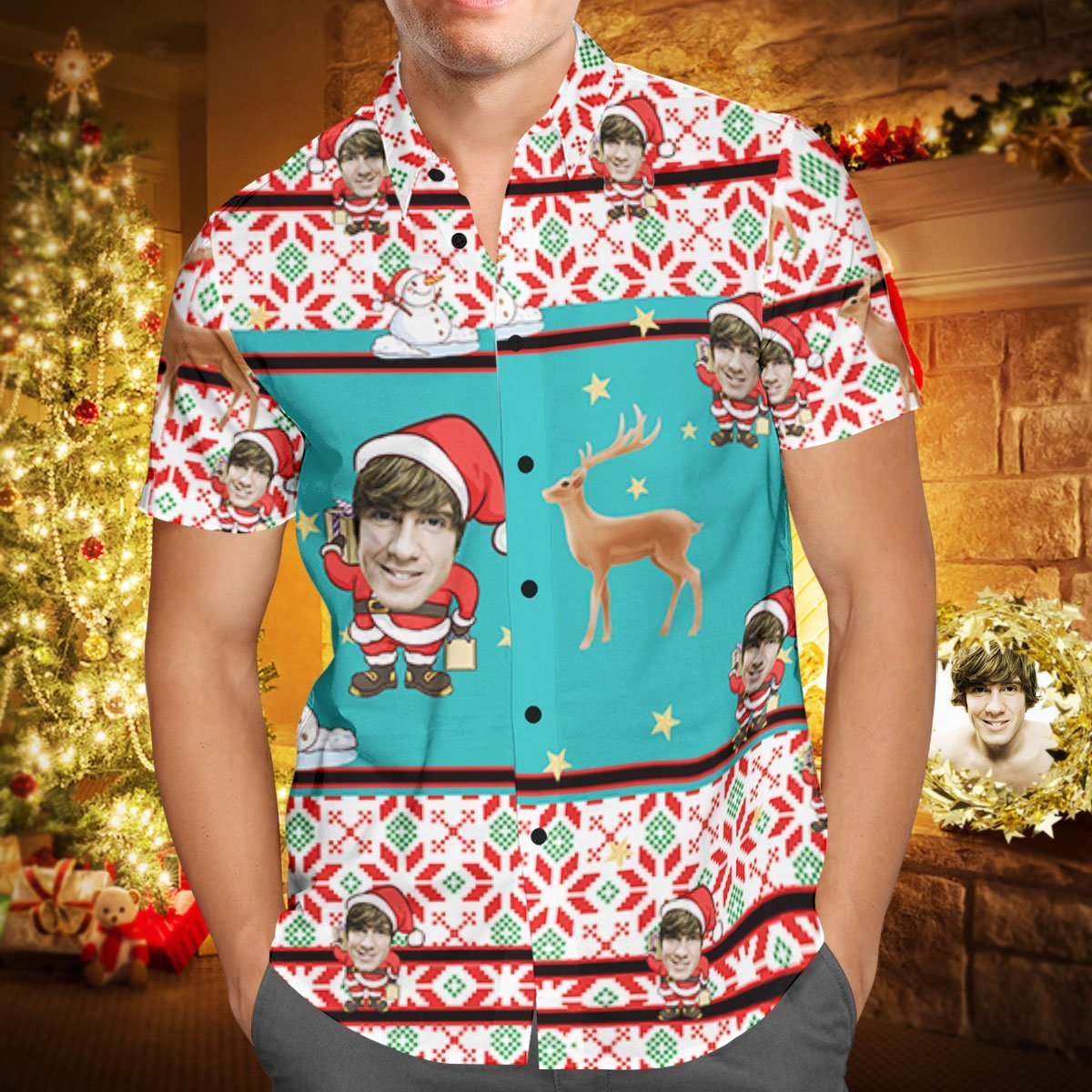 Custom Face Personalised Christmas Hawaiian Shirt Santa Claus and Rein