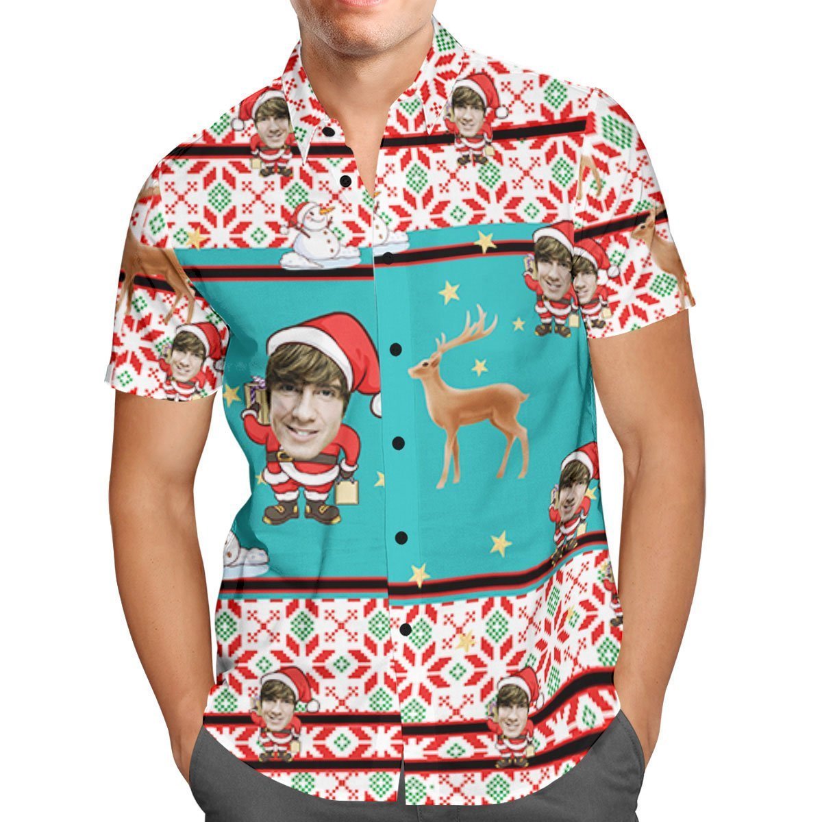 Custom Face Personalised Christmas Hawaiian Shirt Santa Claus and Reindeer