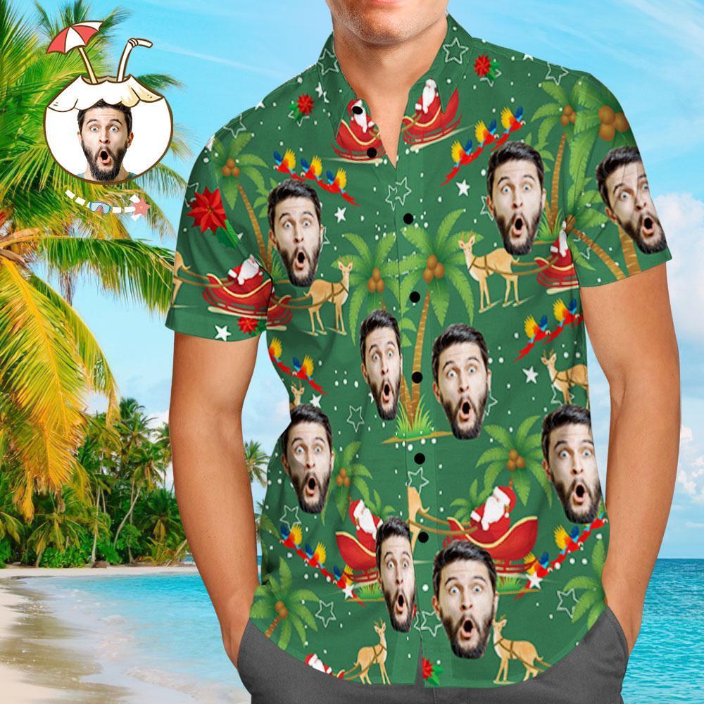 Custom Face Shirt Personalised Photo Men's Hawaiian Shirt Christmas Gift - Santa and Elk
