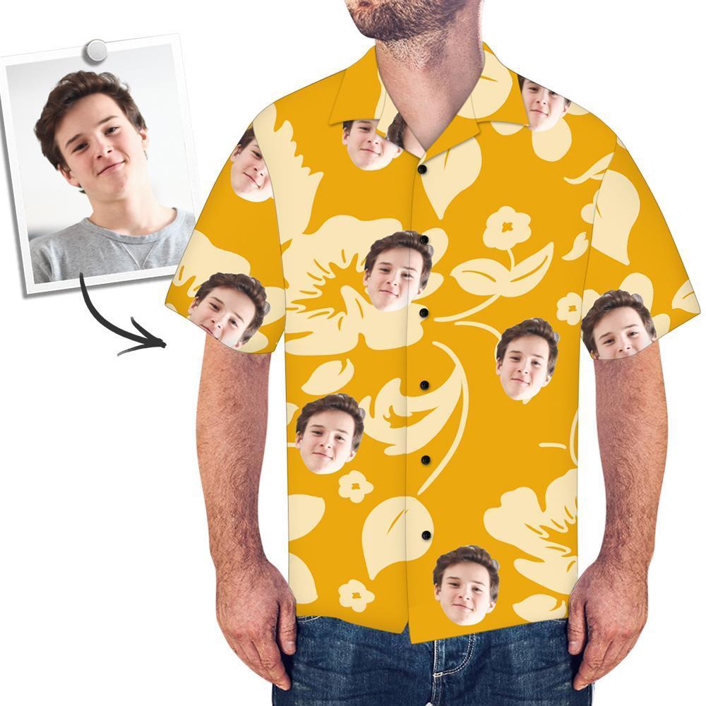 Men's Custom Face Shirt Hawaiian Shirt Short Sleeve Yellow And White Flower