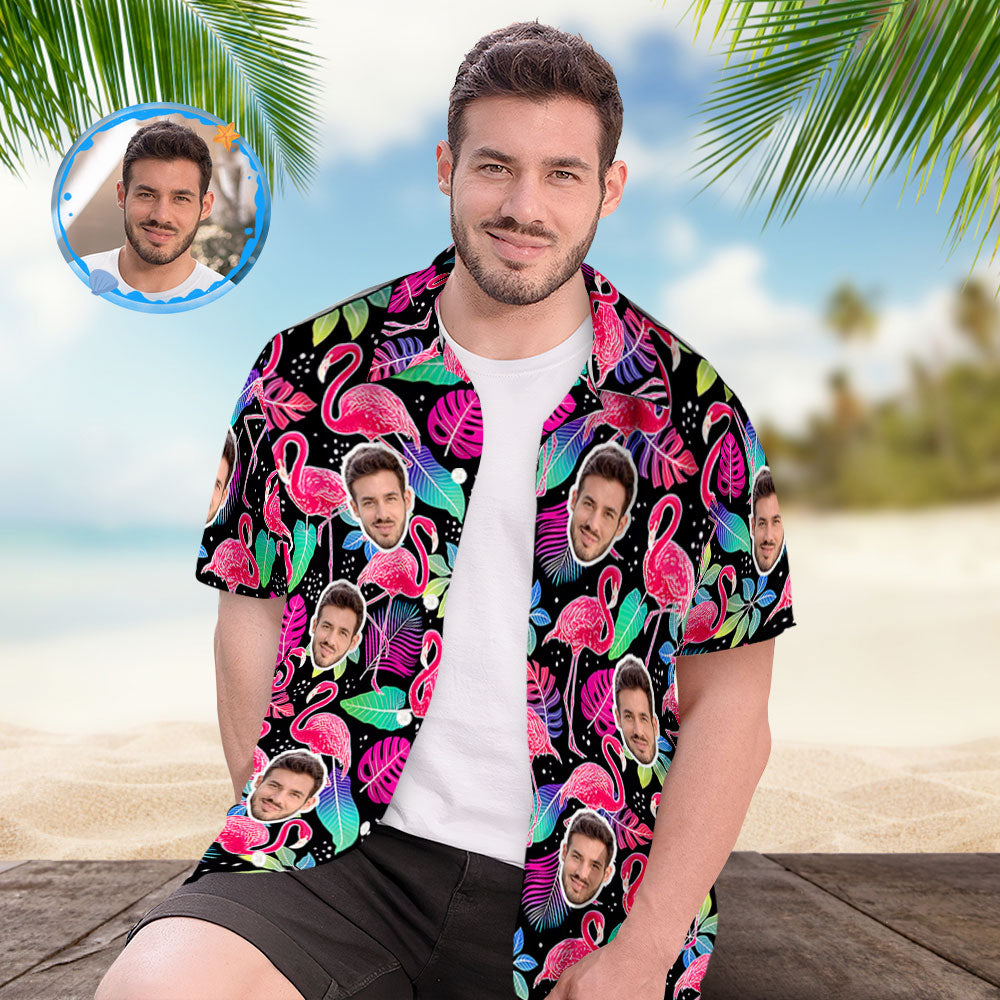 Custom Face Hawaiian Shirt All Over Print Personalized Black Shirt - Flamingo