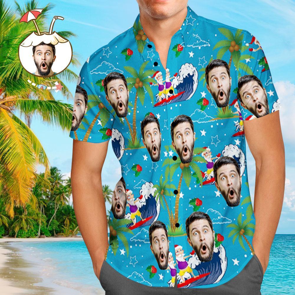 Custom Face Shirt Personalised Photo Men's Hawaiian Shirt Christmas Gift - Surfing Santa