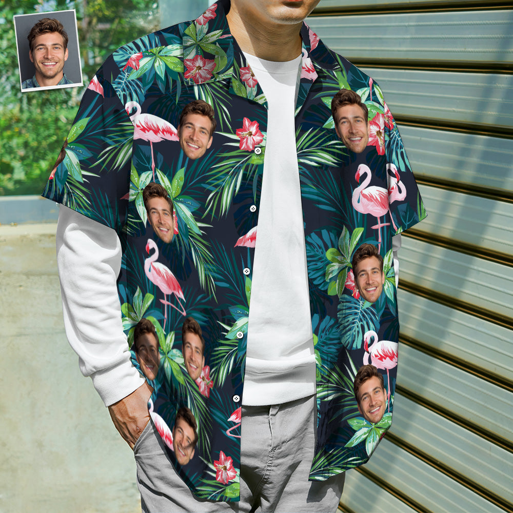 Men's Custom Face Shirt Hawaiian Shirt Short Sleeve Tropical Leaves Flamingo