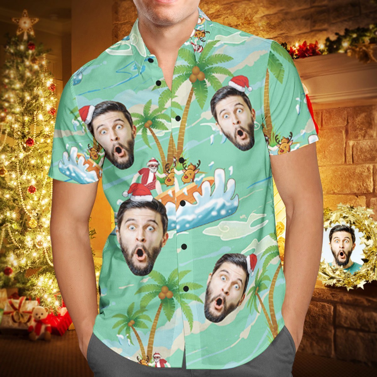 Custom Face Personalised Christmas Hawaiian Shirt Santa Claus Seaside 