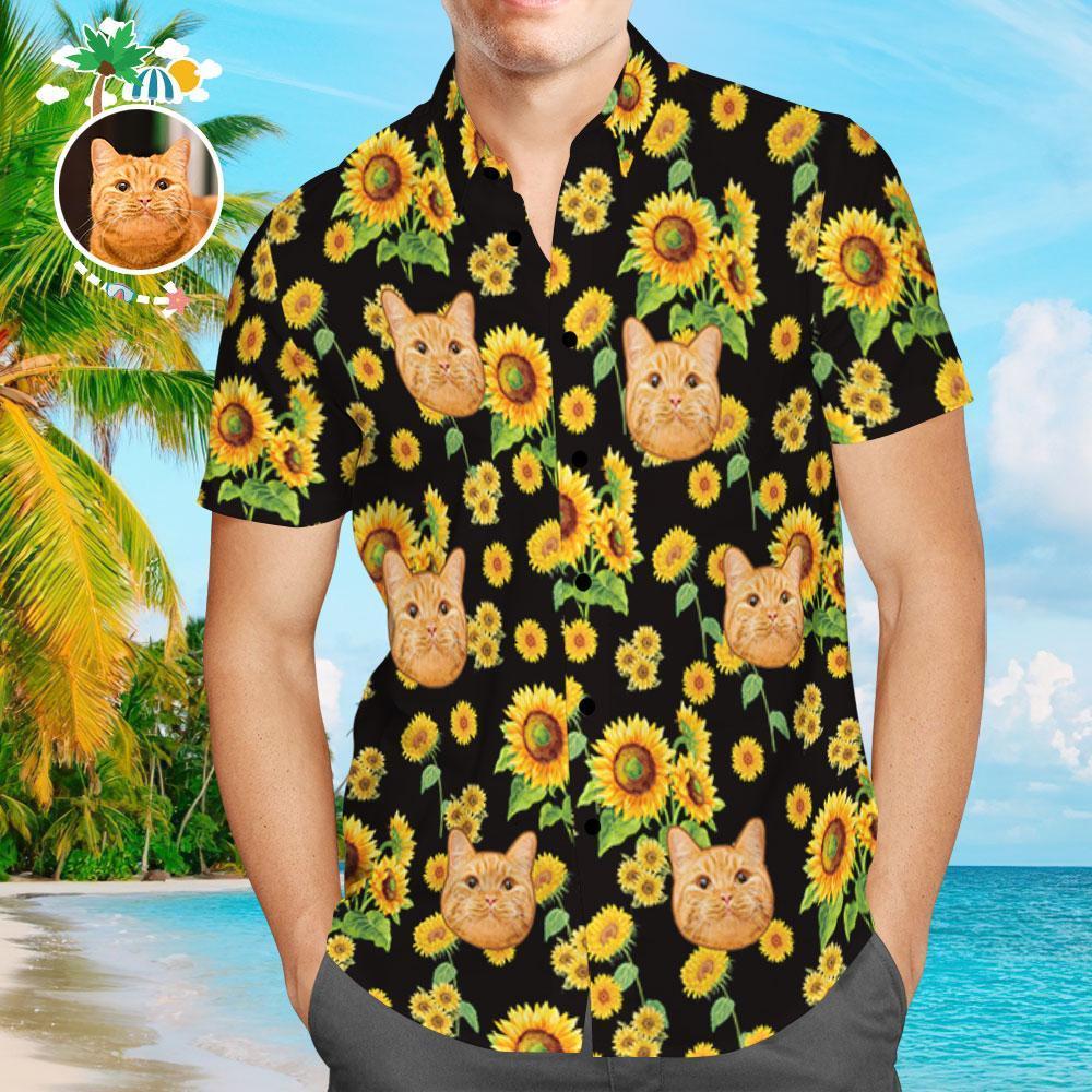 Custom Hawaiian Shirt Cat Face Sunflower Design Aloha Beach Shirt For 