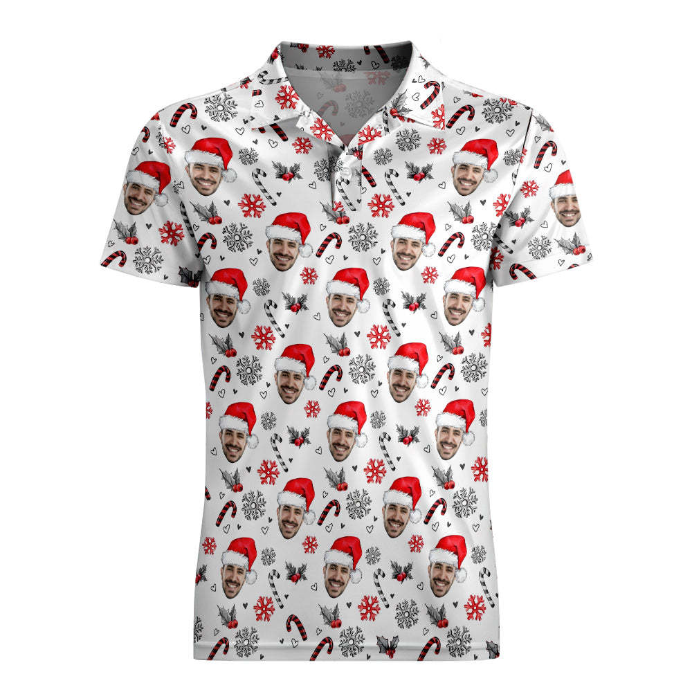 Men's Custom Face Shirt Personalised Face With Christmas Hat Pattern Golf Polo Shirts - MyFaceUnderwearAU
