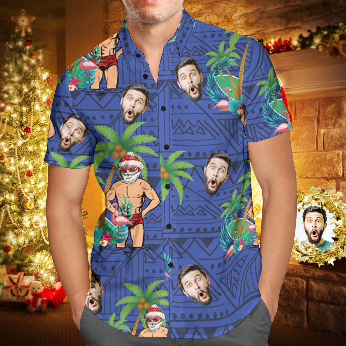 Custom Face Personalised Christmas Hawaiian Shirt Santa Claus on Vacat